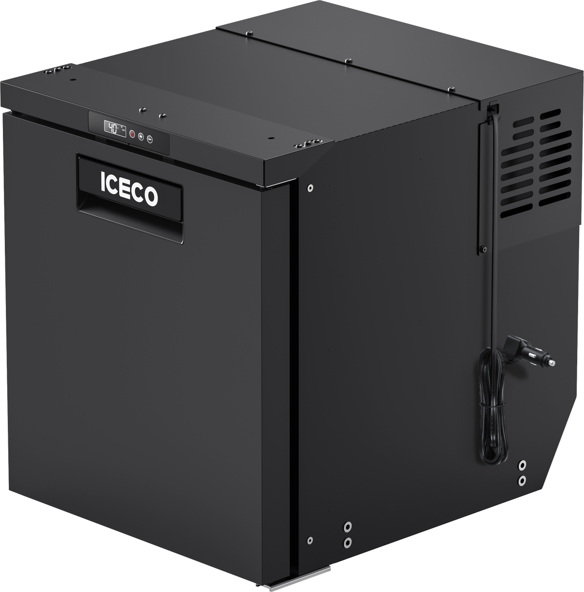ICECO BF65 RV/truck refrigerator freezer in black, front three-quarter view with the door closed