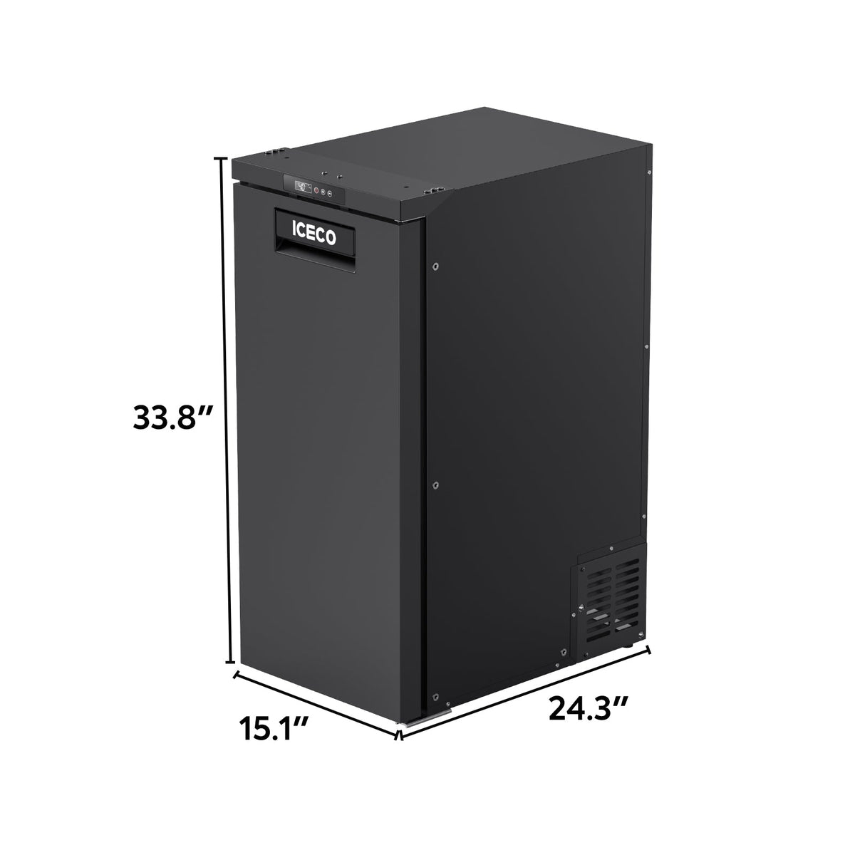 BF86 dimensions graphic showing 33.8 inches high, 15.1 inches wide and 24.3 inches deep
