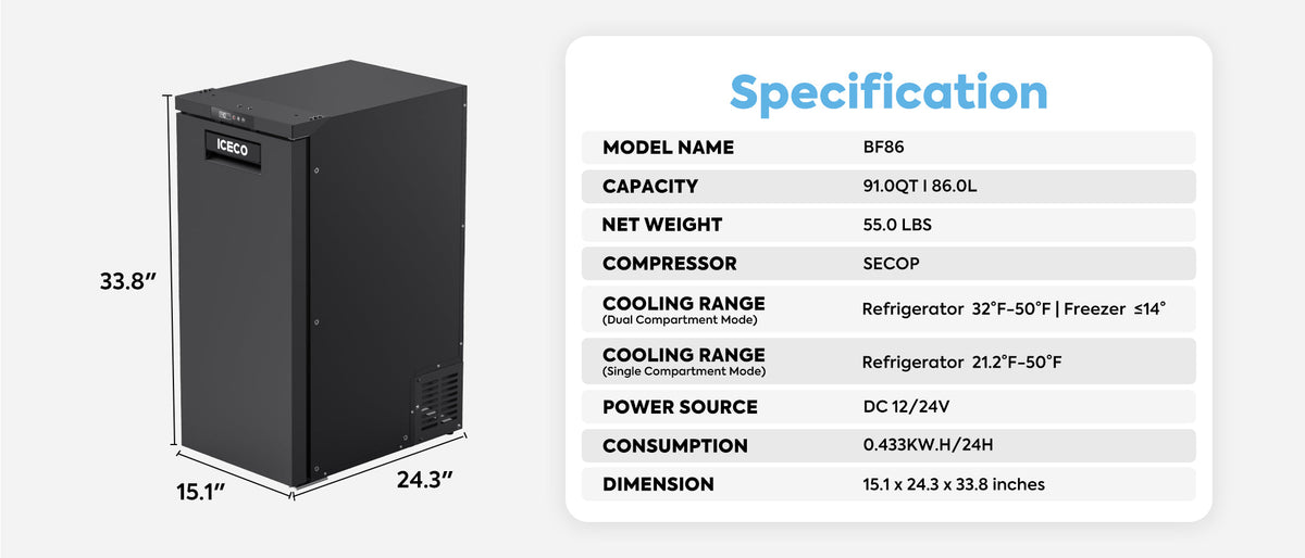 BF86 specification table beside a dimensioned product image