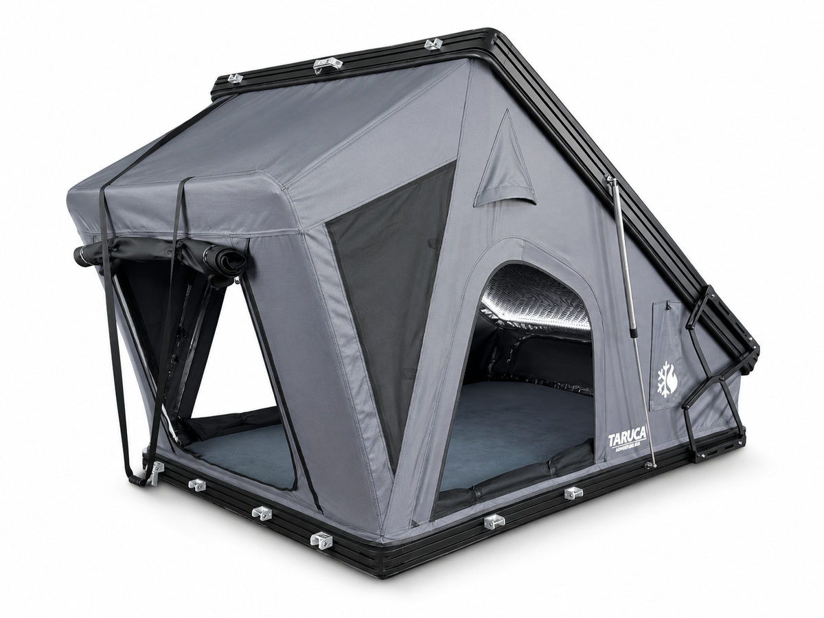Taruca Dark Rogue rooftop tent open, front three-quarter view with gray canvas, mesh windows and interior lighting
