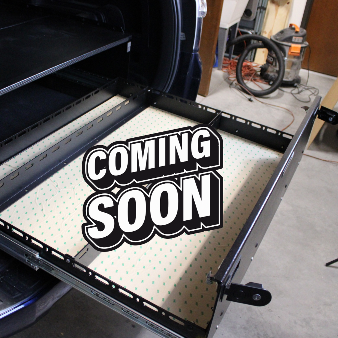 Standard drawer extended in an SUV cargo area, with a COMING SOON text overlay