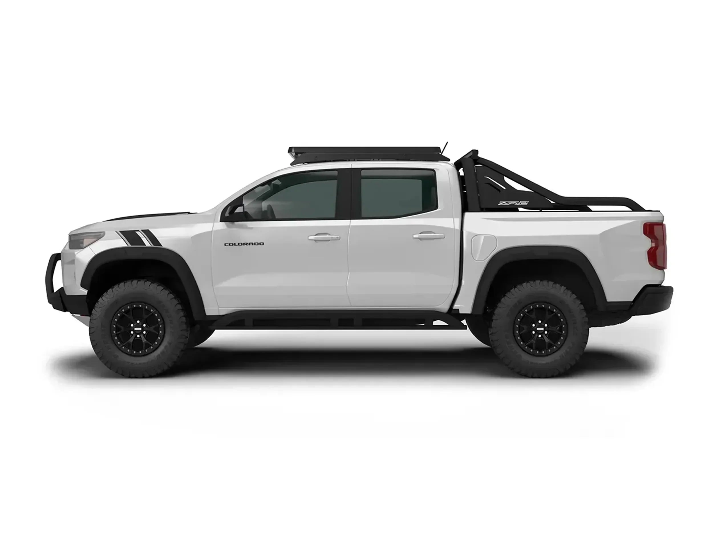SIDE VIEW PROFILE OF WHITE CHEVY COLORADO WITH ACS ROOF RACK INSTALLED