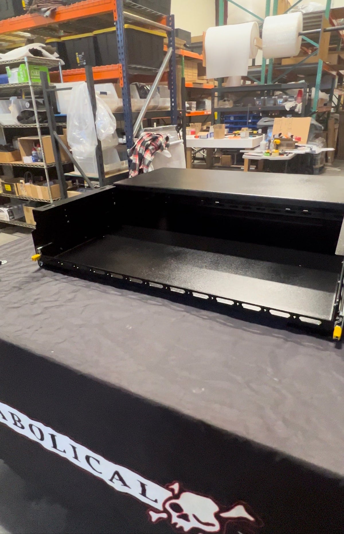 Clyde with the drawer top fitted over the slide tray