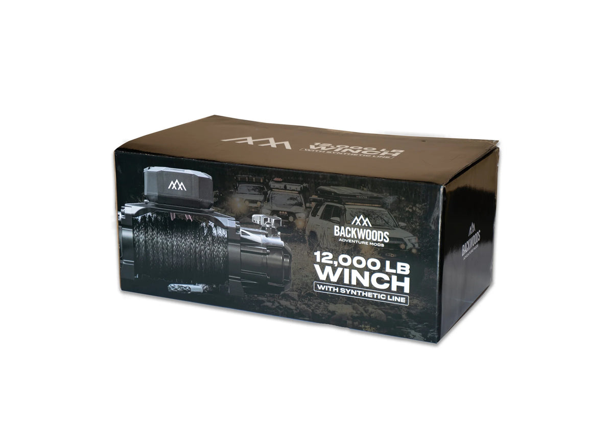 Backwoods 12,000lb winch, close-up product photo