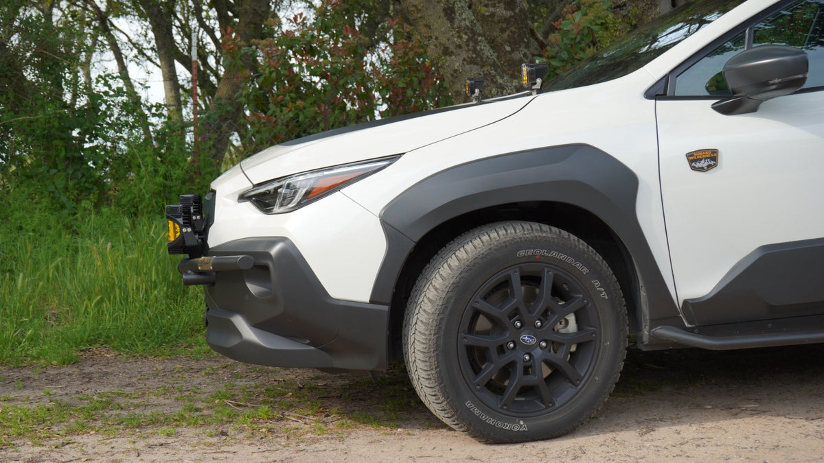 Side view of a white Subaru SUV with a black front brush bar