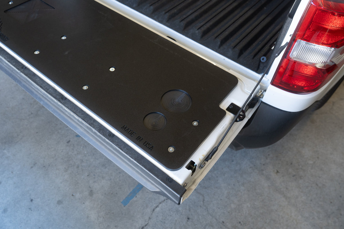 Mountain Hatch Maverick tailgate table viewed from above the passenger-side taillight
