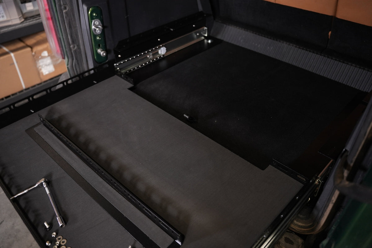 Close view of the extended Bronco slide tray and steel slides