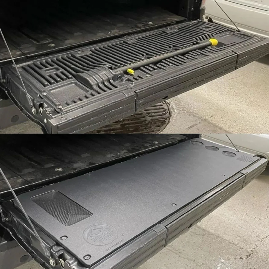 Before and after on a Ford tailgate: ribbed factory panel above, Mountain Hatch tailgate table with drink holders installed below (representative photo for the 1999-2016 Super Duty panel)