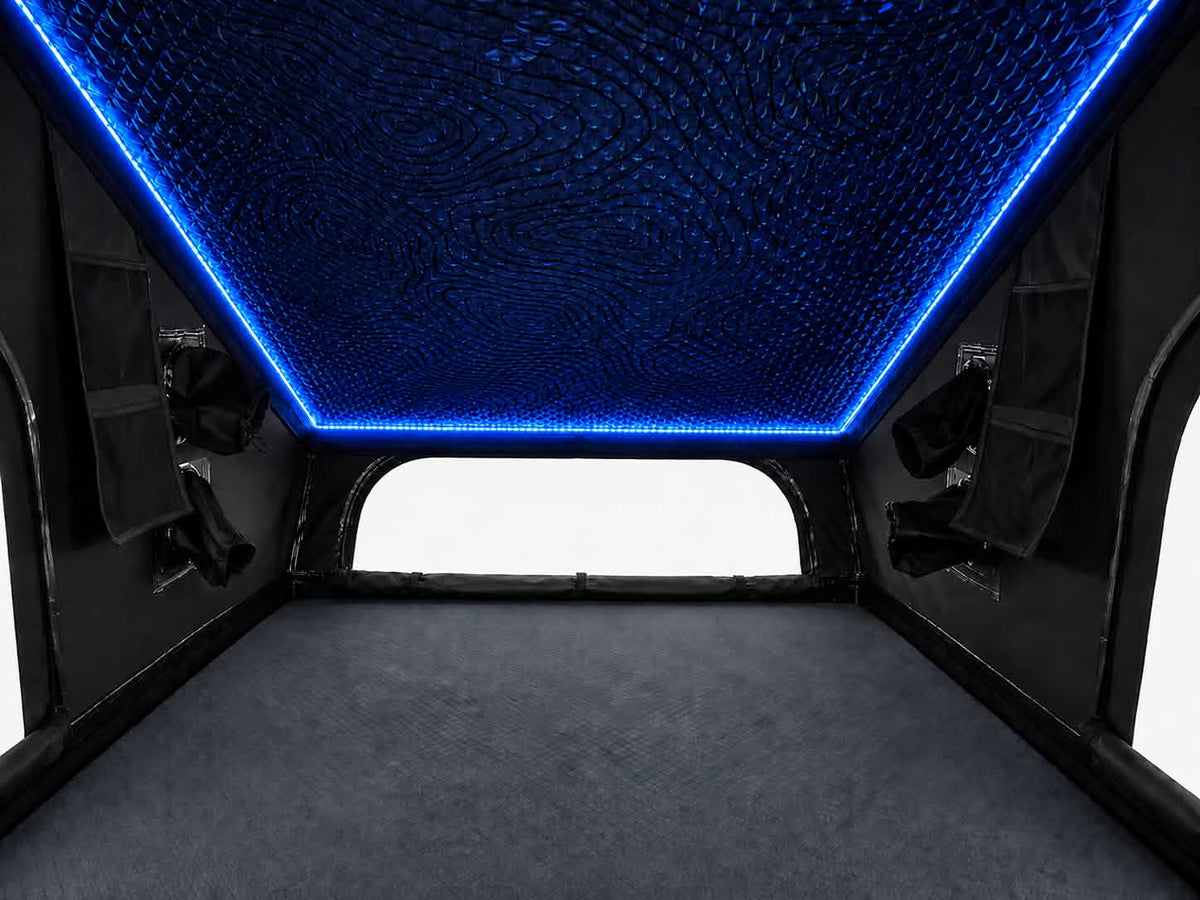 Interior of the Dark Rogue tent with blue LED ceiling lighting