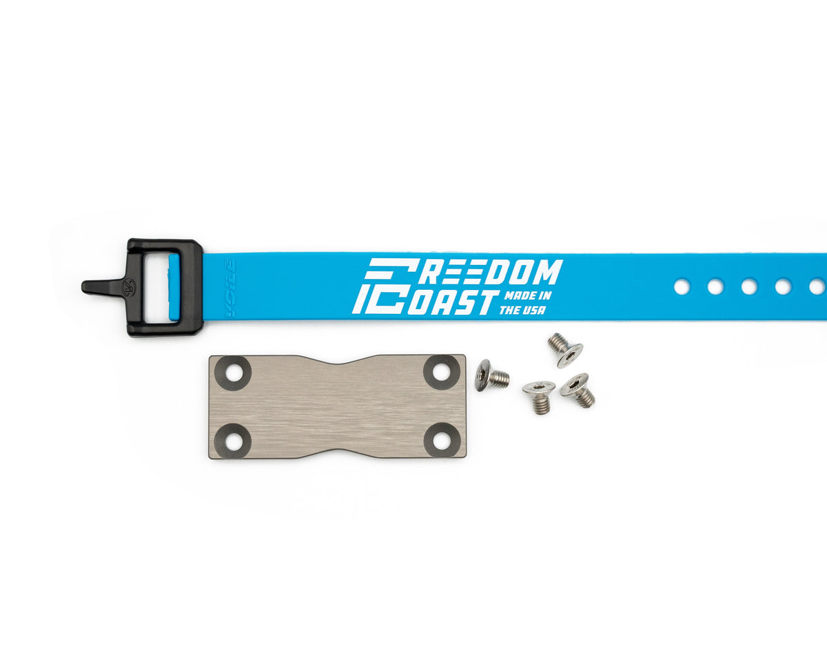 Strap Cap plate, Freedom Coast strap and countersunk bolts laid out