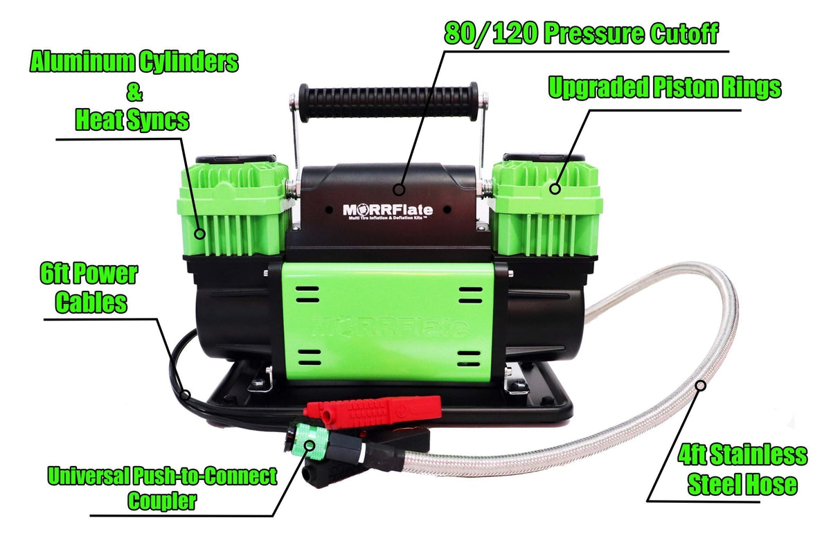 MORRFlate TenSix compressor with callouts for aluminum cylinders and heat sinks, upgraded piston rings, 80/120 pressure cutoff, 6ft power cables, 4ft stainless steel hose, and push-to-connect coupler