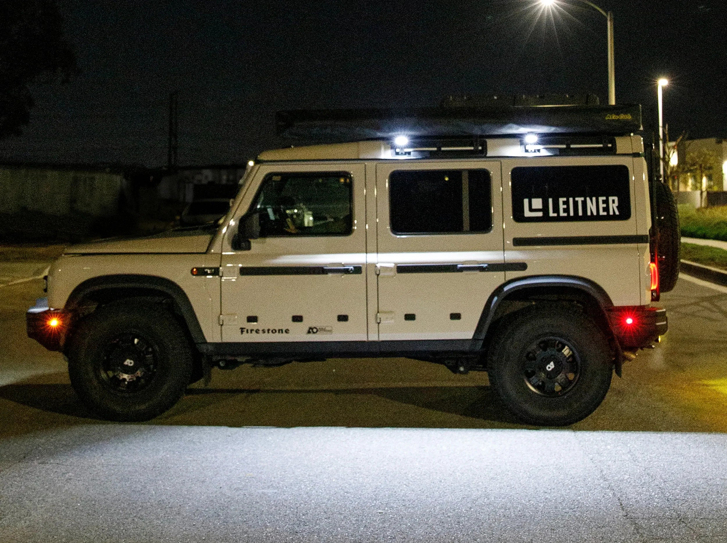 LIT SCENE LIGHTS MOUNTED ON GRENADIER ROOF RACK USING BRACKETS