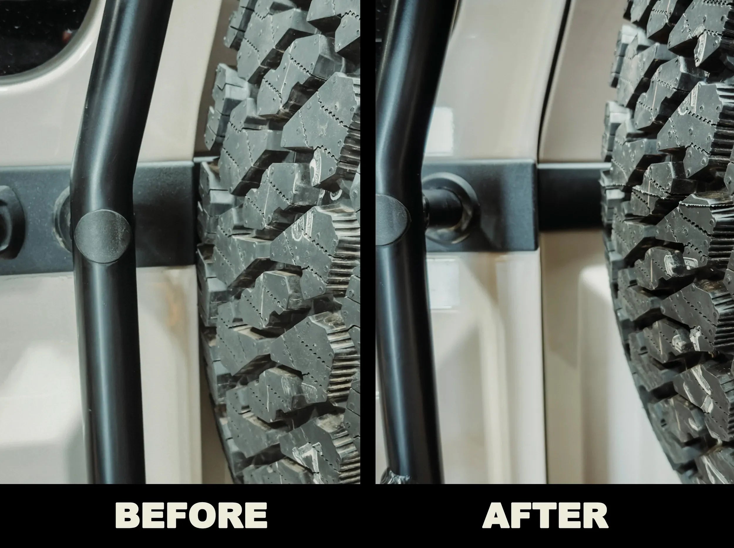 UPCLOSE VIEW OF REAR TIRE MOUNTED SHOWING RELOCATION DIFFERENCE