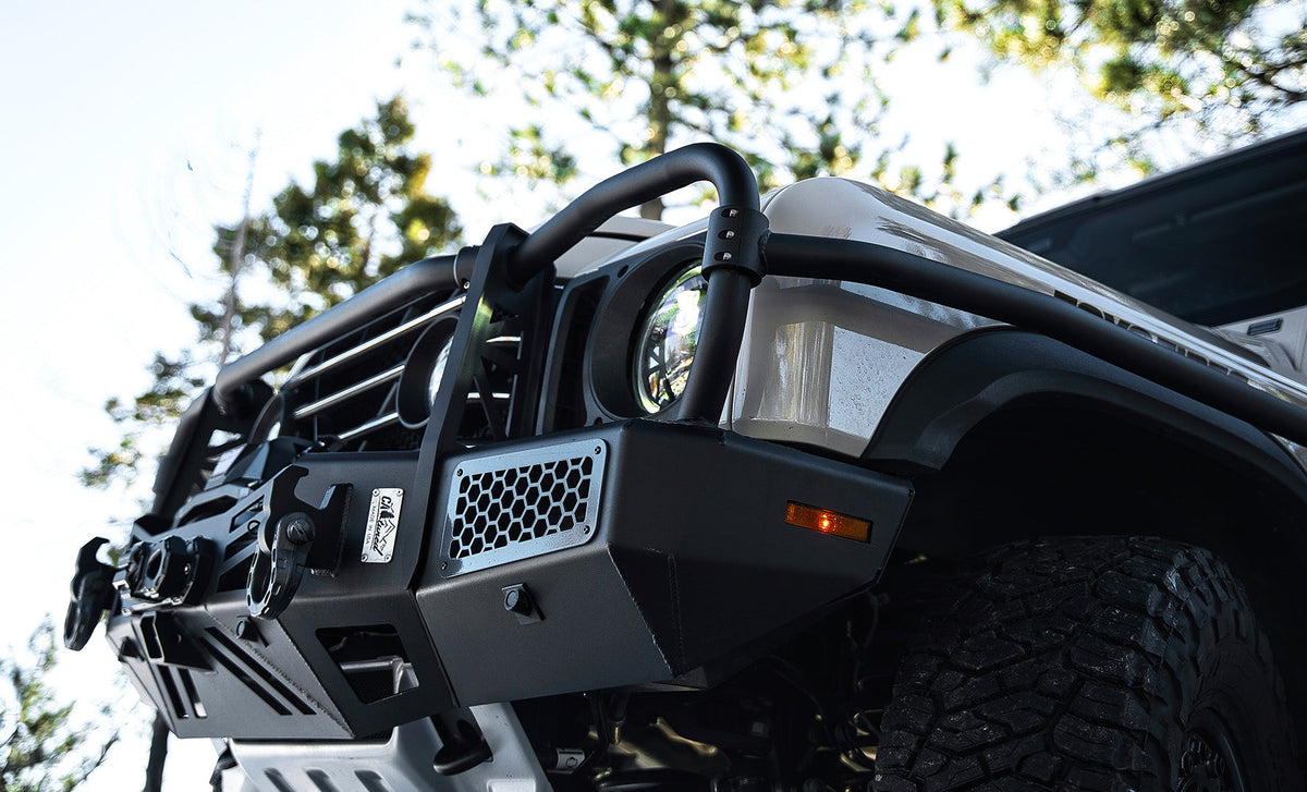 Black bull bar and bumper seen from a low angle