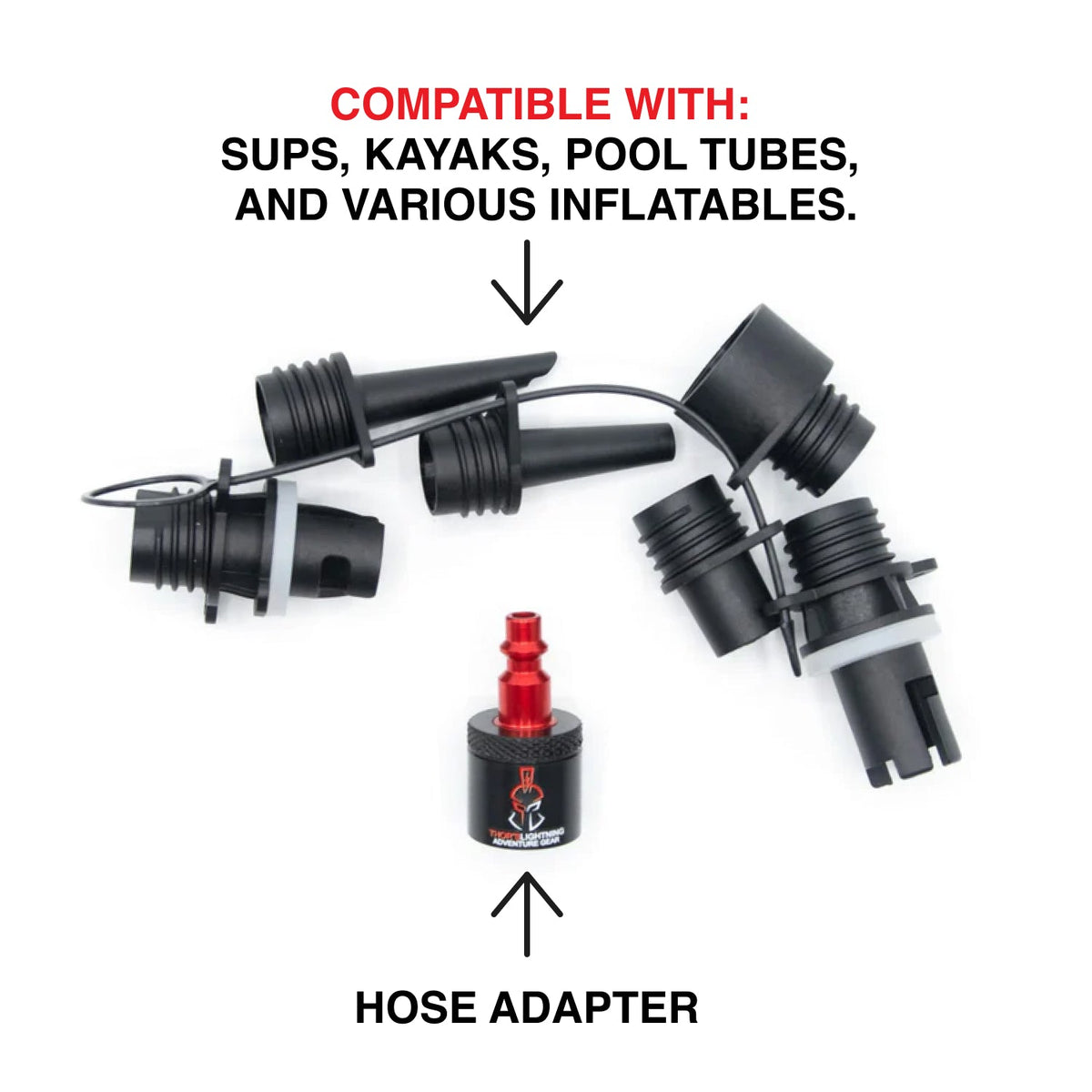 Graphic listing the Marine Inflatable Adapter's compatibility with SUPs, kayaks, pool tubes, and other inflatables