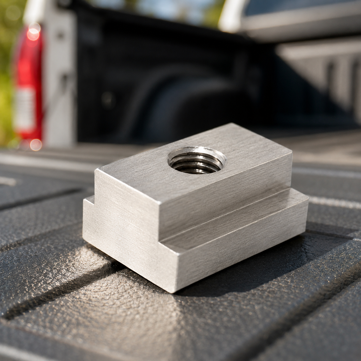 HMOR stainless T-slot nut on a truck bed rail