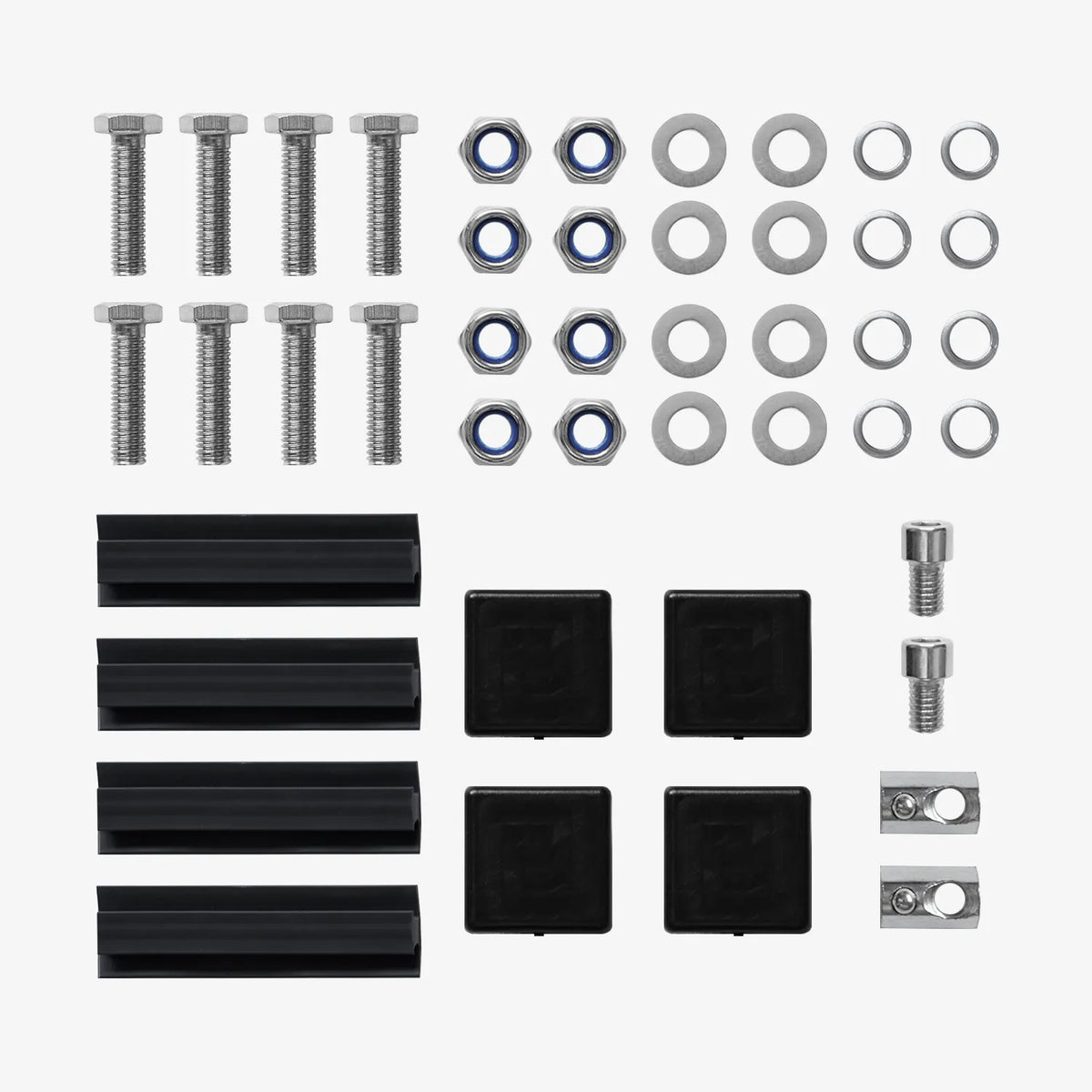Rooftop tent hardware kit contents: bolts, nuts, washers, anti-slip strips, end caps and T-nuts