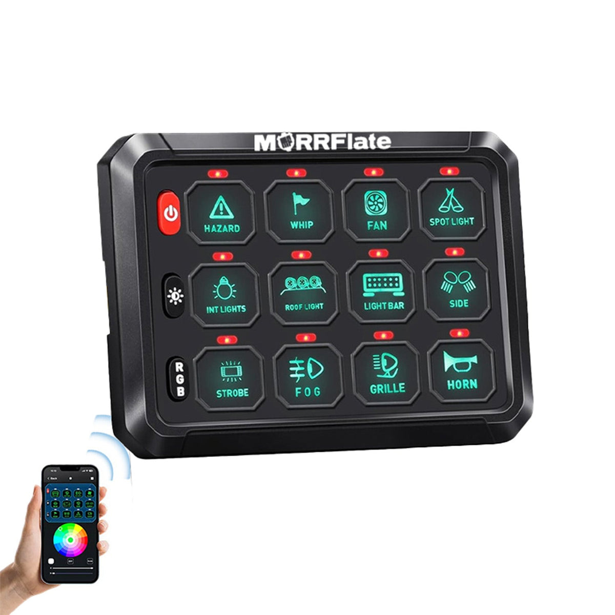 MORRFlate 12-gang switch panel with backlit icon buttons including hazard, whip, fan, spot light, light bar, strobe, fog, and horn, beside a hand holding a phone showing the app