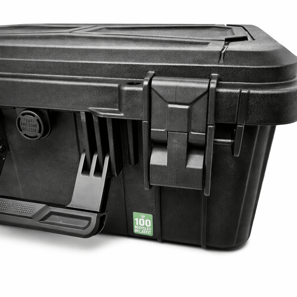Close-up of the AirVault StrikePro compressor's digital display and control buttons inside the case