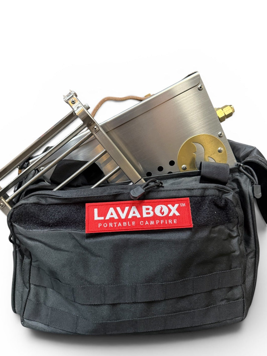 Stainless steel Hekla stove and oven combo packed into an open black LAVABOX carrying bag