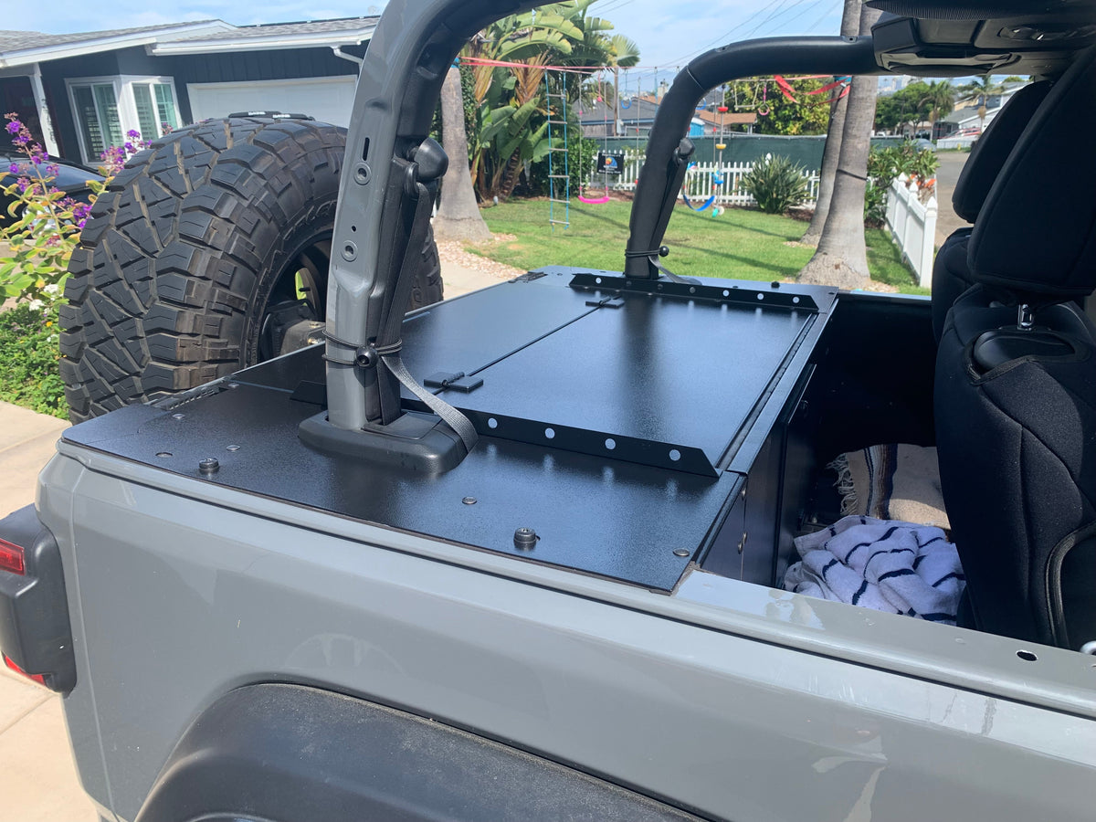 Top view of the Slipstream folding top behind the roll bar in a JK 2-door