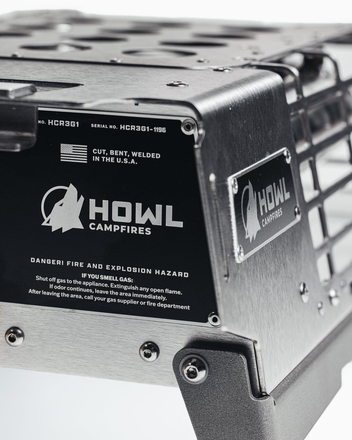 Howl R3 data plate showing model HCR3G1 and the Cut, Bent, Welded in the USA marking