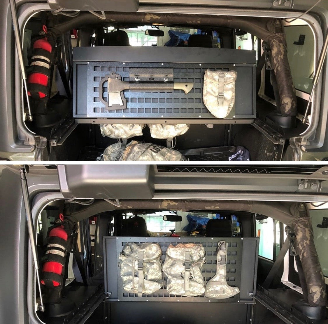 Two views of the folding top MOLLE panel with an axe and camouflage pouches