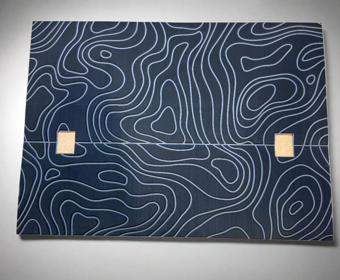 Two-piece navy topography foam pad set on a gray backdrop