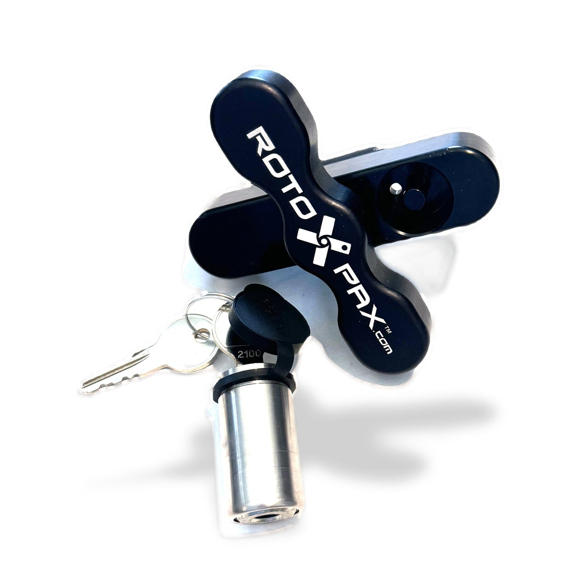RotopaX GEN 2 LOX-T-Handle installed on a pack mount, with its locking cylinder and keys attached