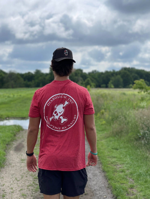 Back of the heathered red T-shirt with the large round skull logo
