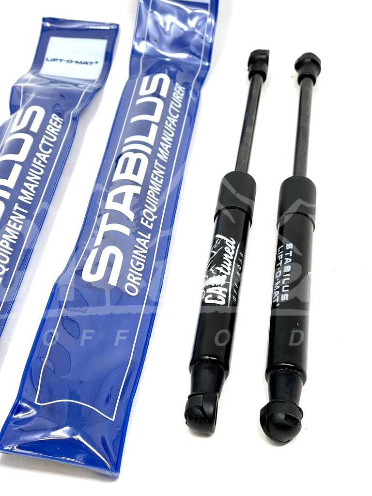 Pair of gas struts next to their blue packaging sleeves