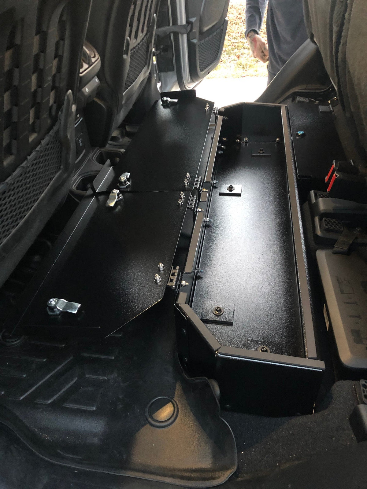 Empty Gladiator lock box with the lids open, foam liner visible