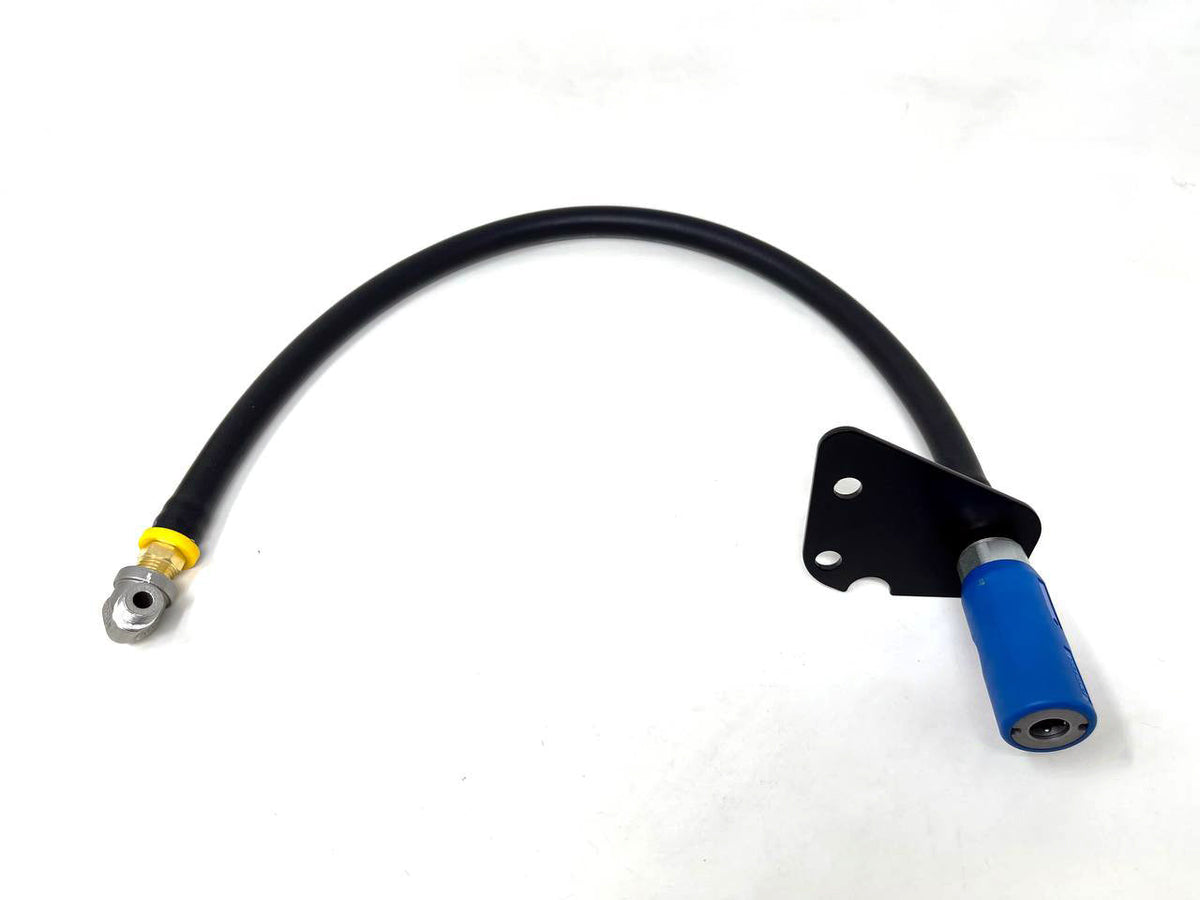 Black air line with a blue quick-connect coupling on a bracket