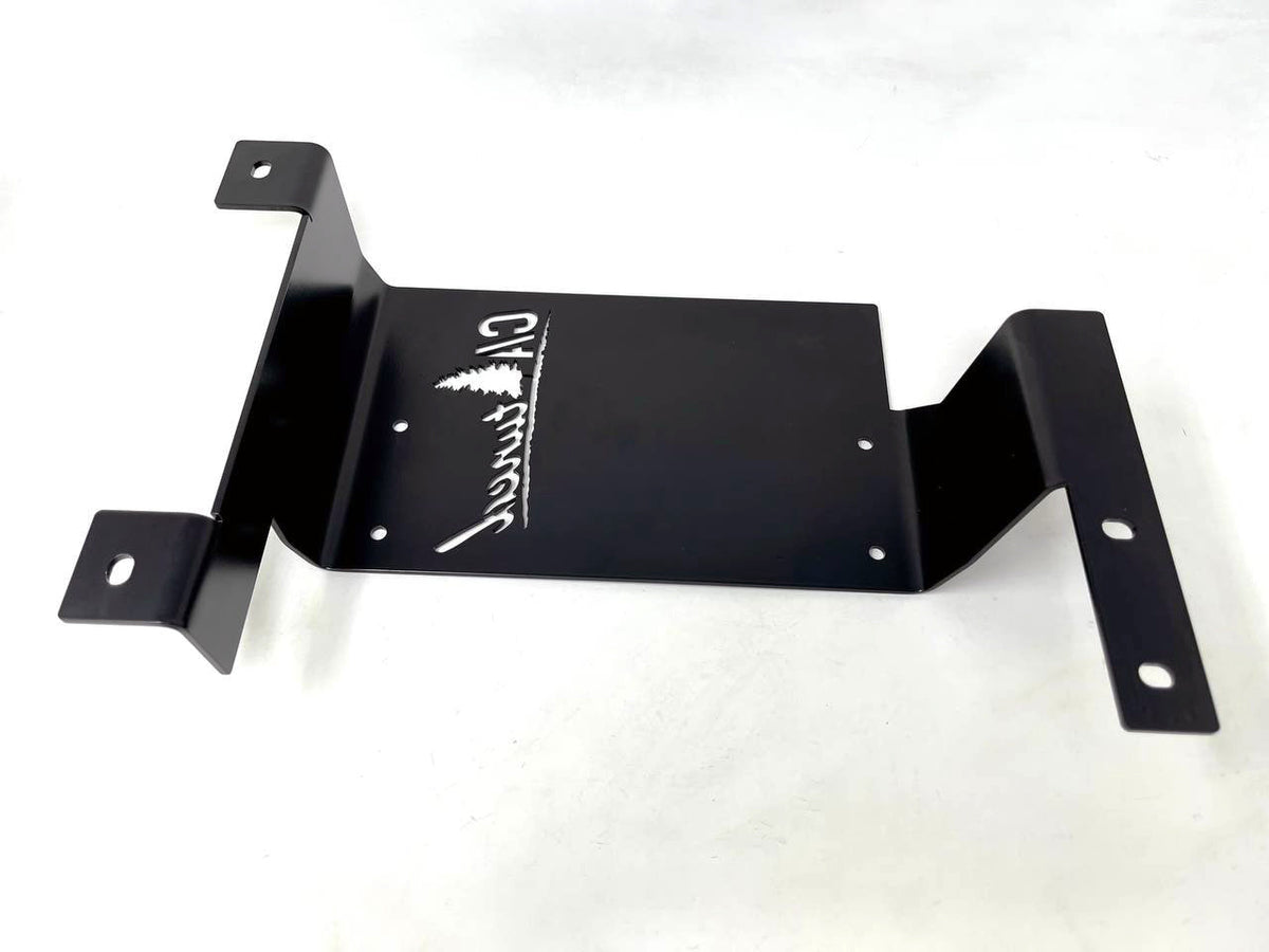 Black steel mount with a logo, side view