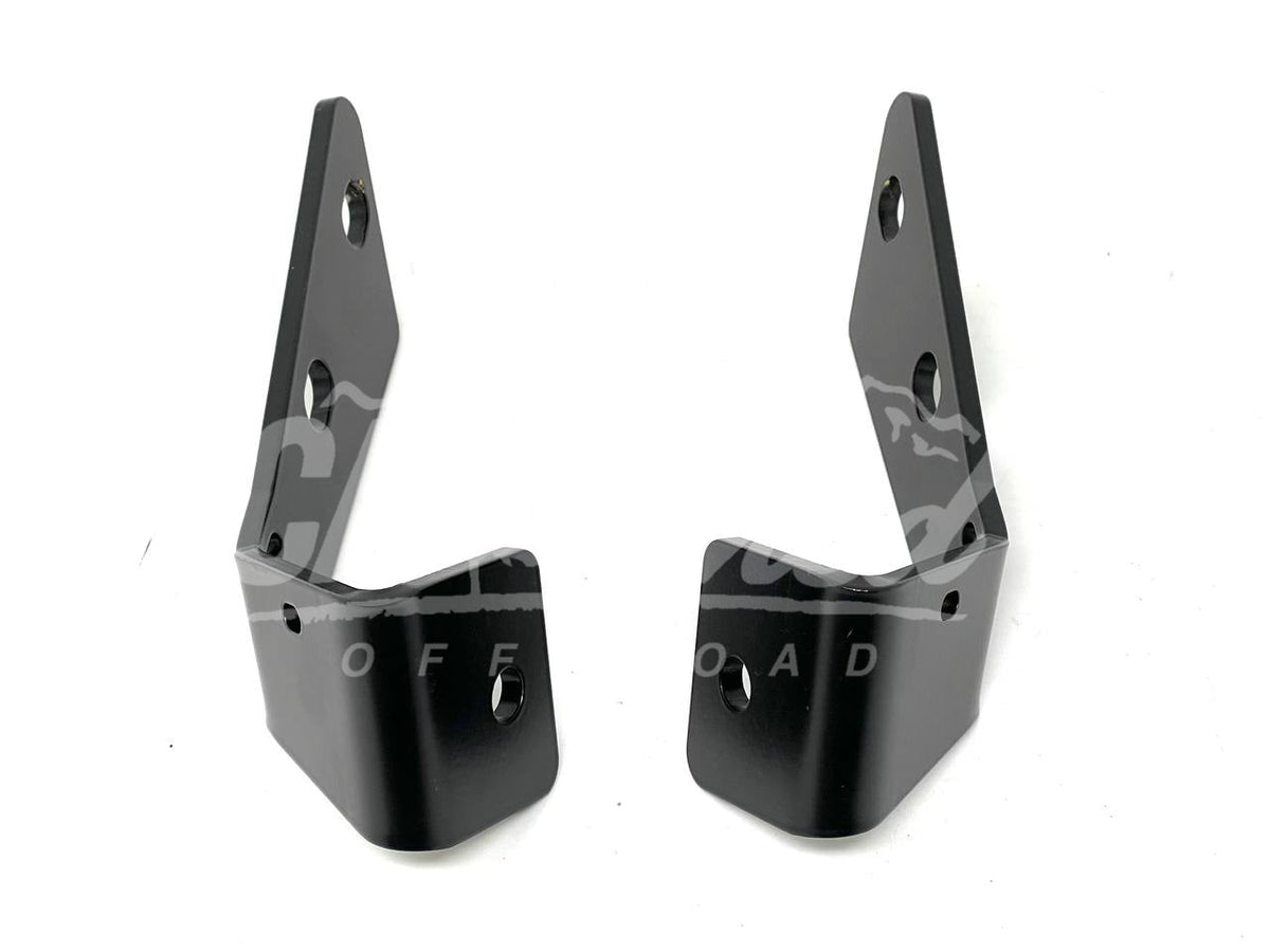 Pair of black brackets with flat mounting tabs on a white background
