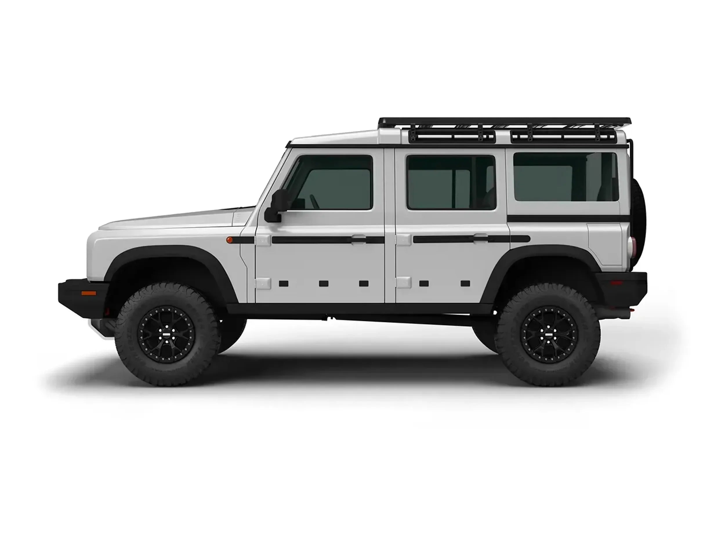 SIDE VIEW OF WHITE INEOS GRENADIER WITH 3/4 ACS ROOF RACK MOUNTED