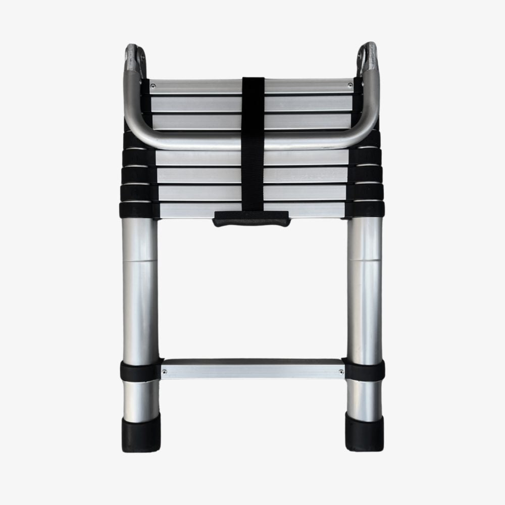 Collapsed telescopic ladder with curved hook extension