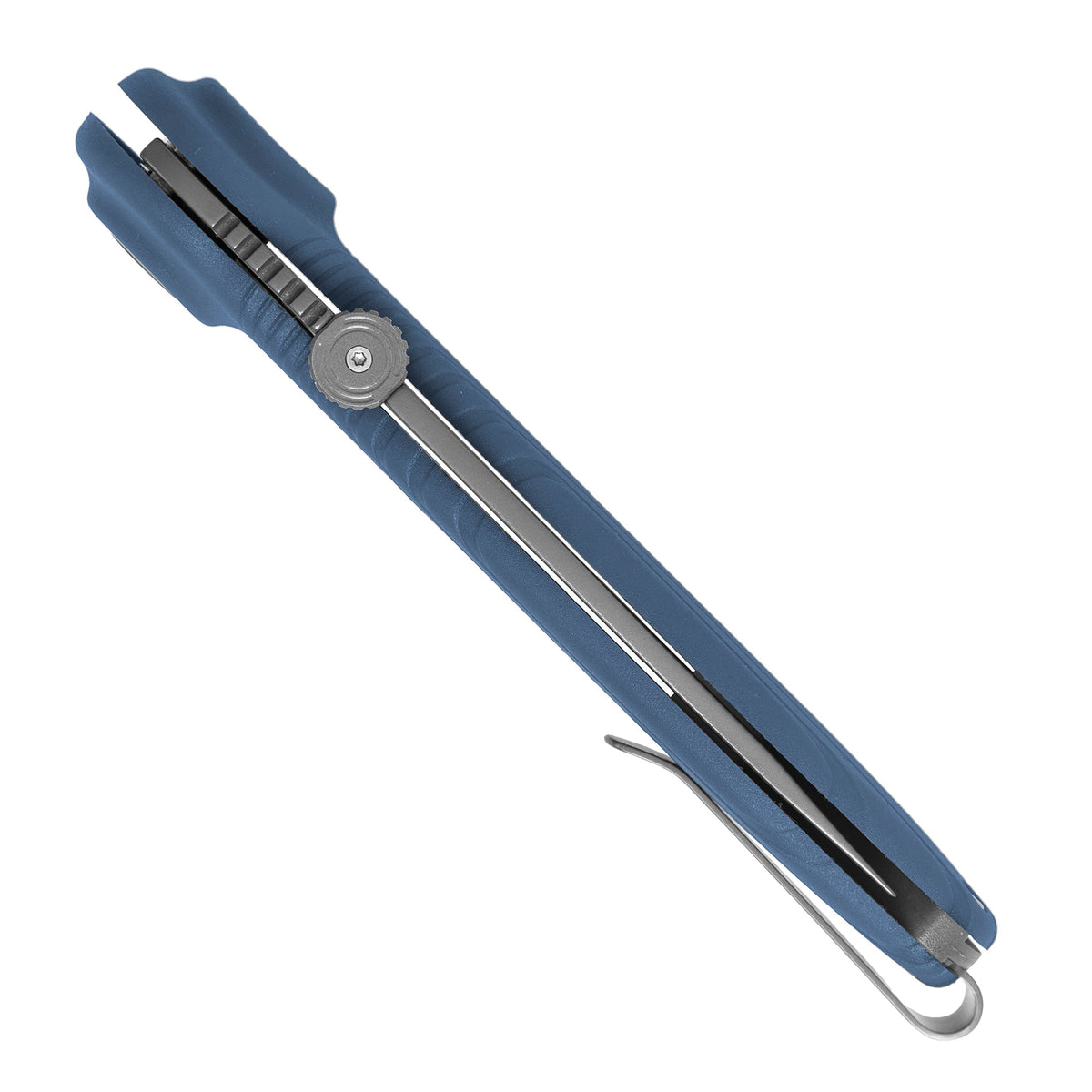 Gray UCO Whidbey Mini folding knife shown open and closed together, flat lay