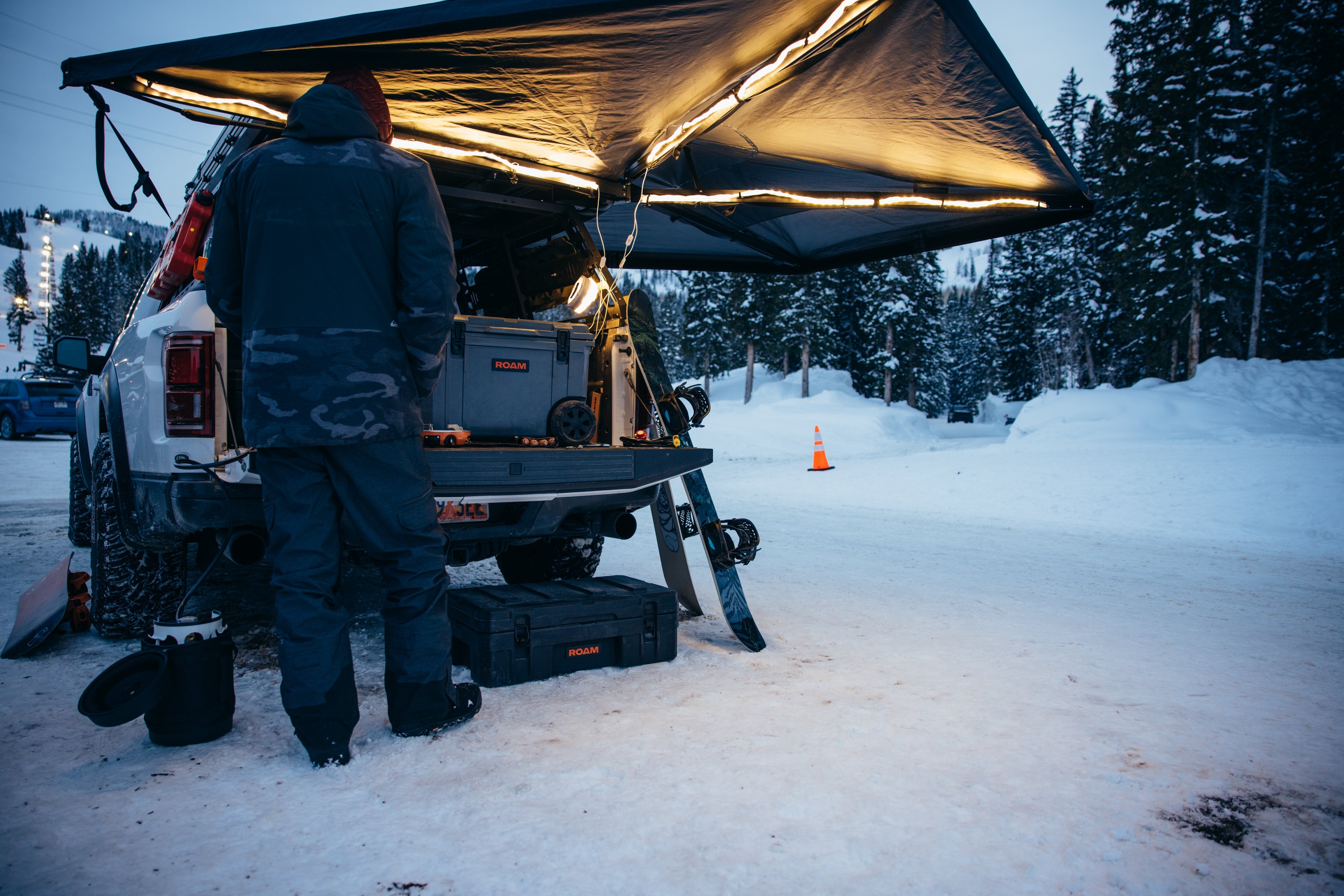 ROAM LED Track Light hung inside a rooftop tent