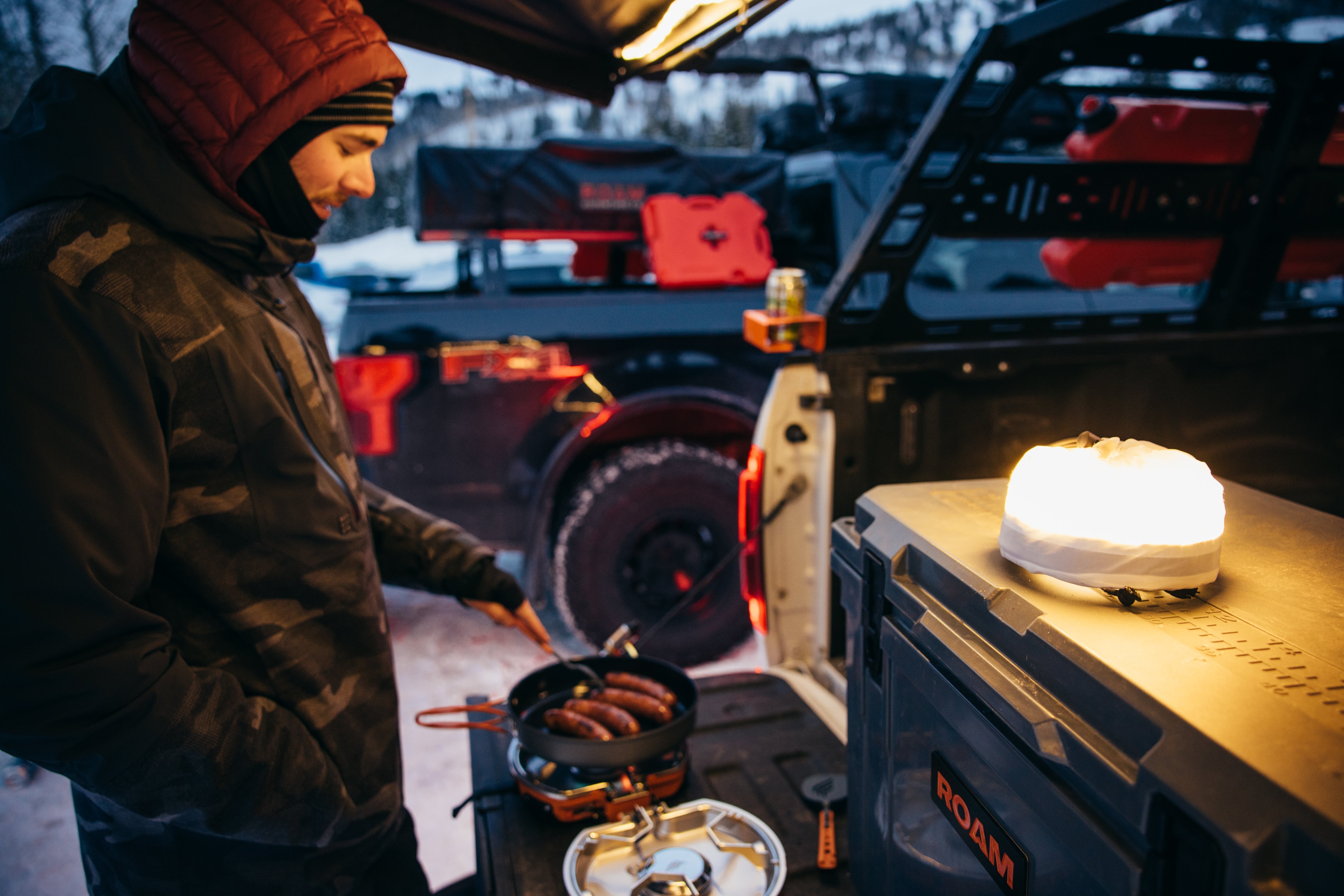 ROAM LED Track Light at an overland camp at night