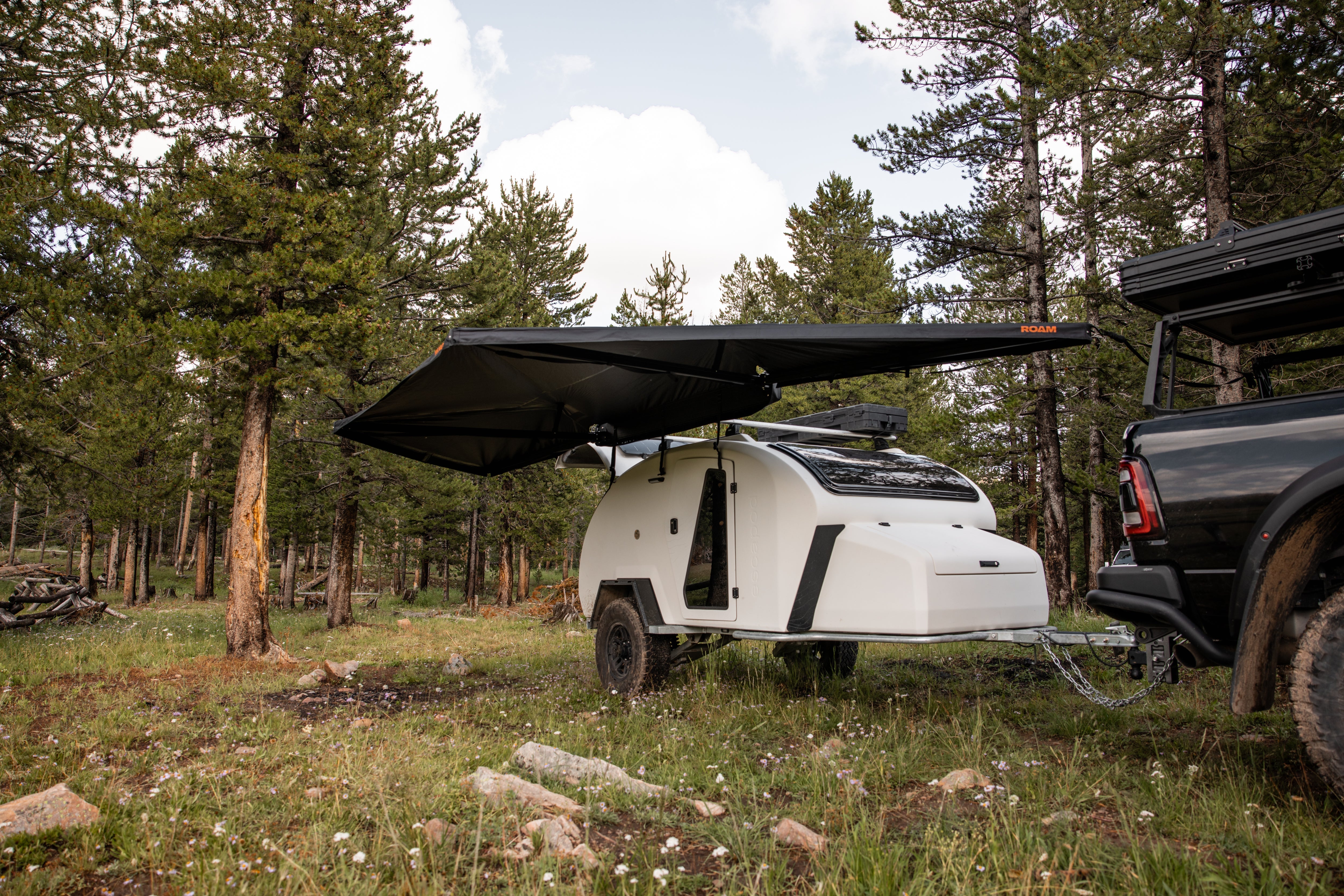 Close-up of a ROAM ARC 180 awning joint and hub