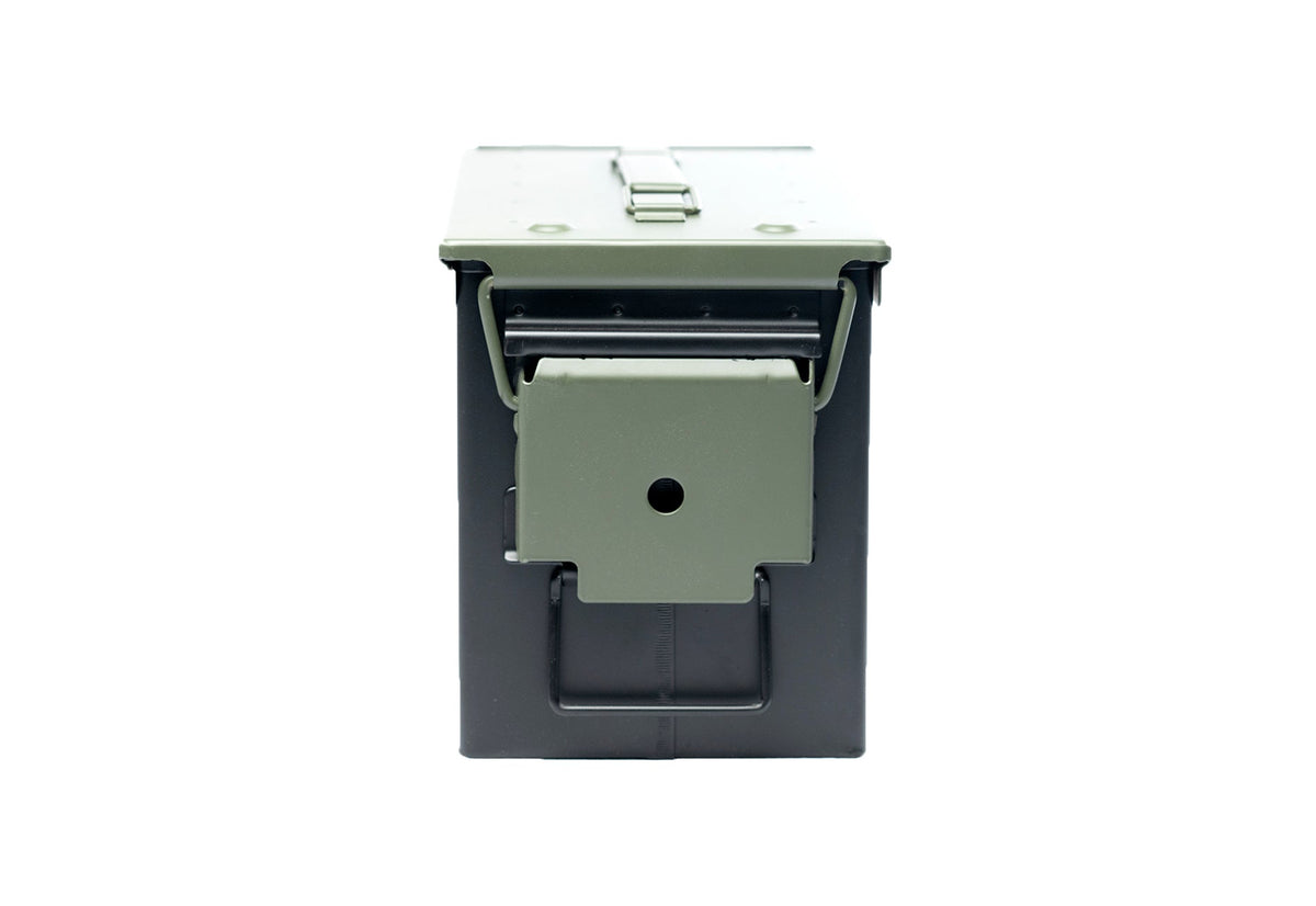 Olive green ammo-can-style firebox shown closed with its latch and hinge visible, studio shot on white background