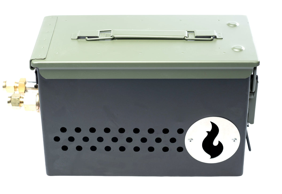 Olive green steel firebox with perforated side vents and a flame logo medallion, studio shot on white background