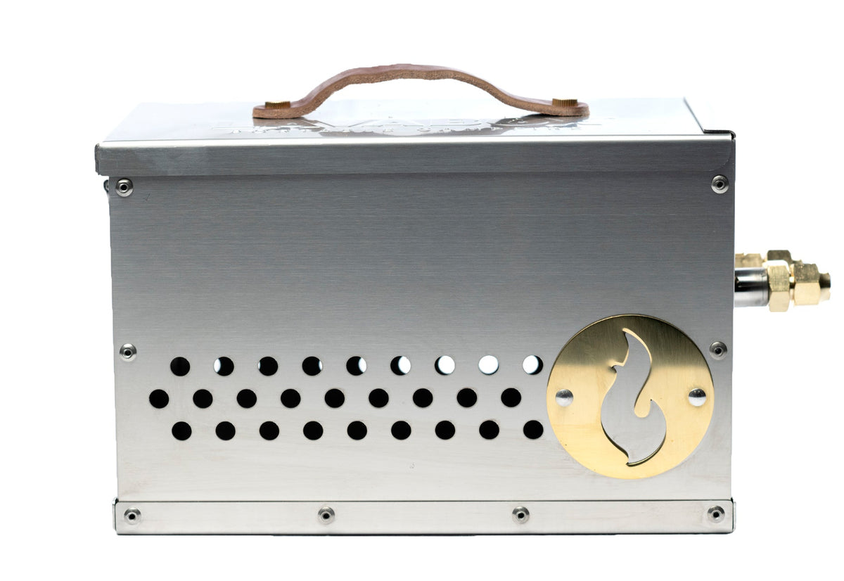 Stainless steel firebox with a leather carry handle on top and perforated vents on the side, studio shot on white background