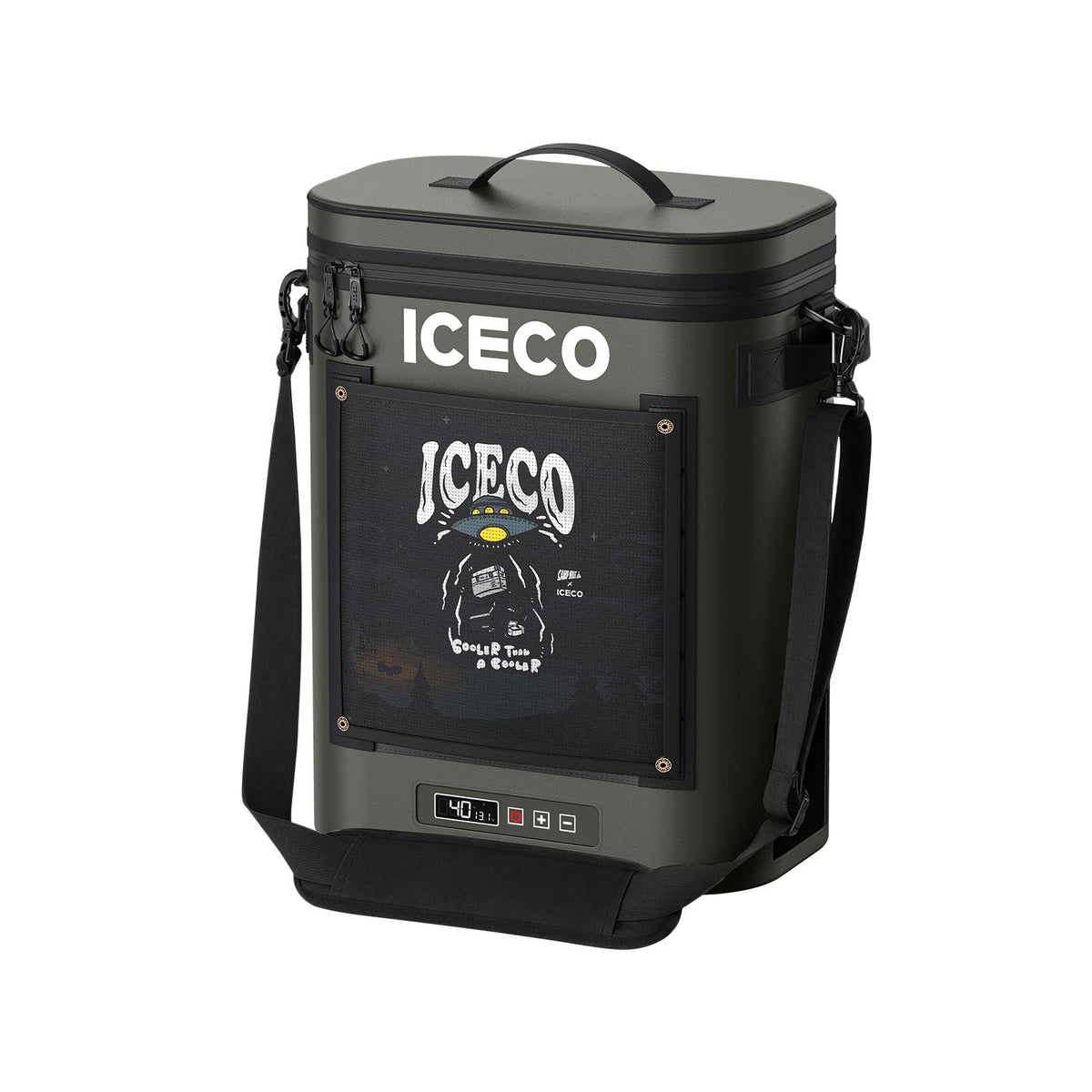 ICECO GOPACK12 backpack cooler in olive green with a top carry handle and shoulder strap, front view