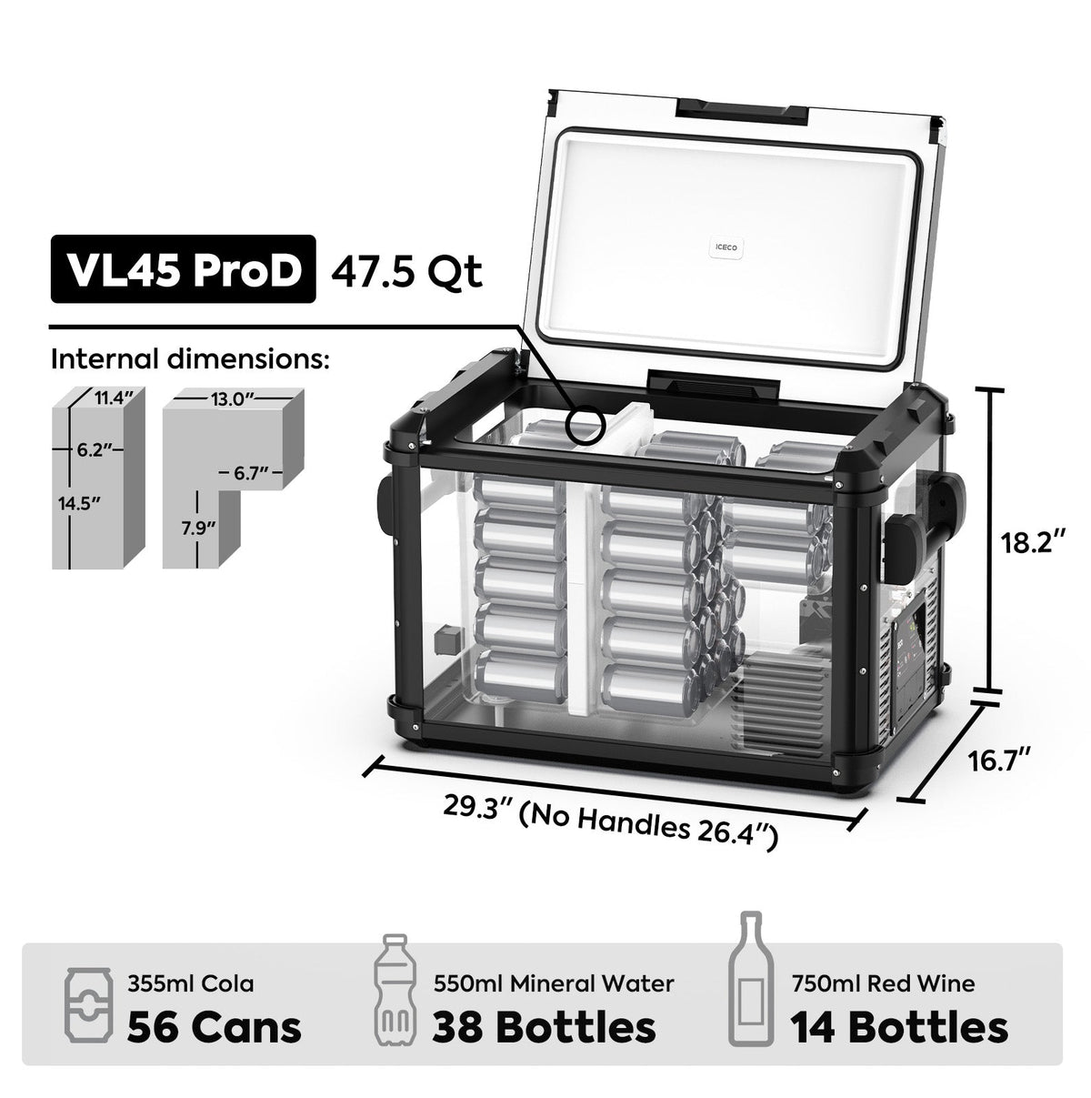 VL45ProD dimensions and capacity graphic showing 47.5 quarts, 56 cans, 38 bottles and 14 wine bottles