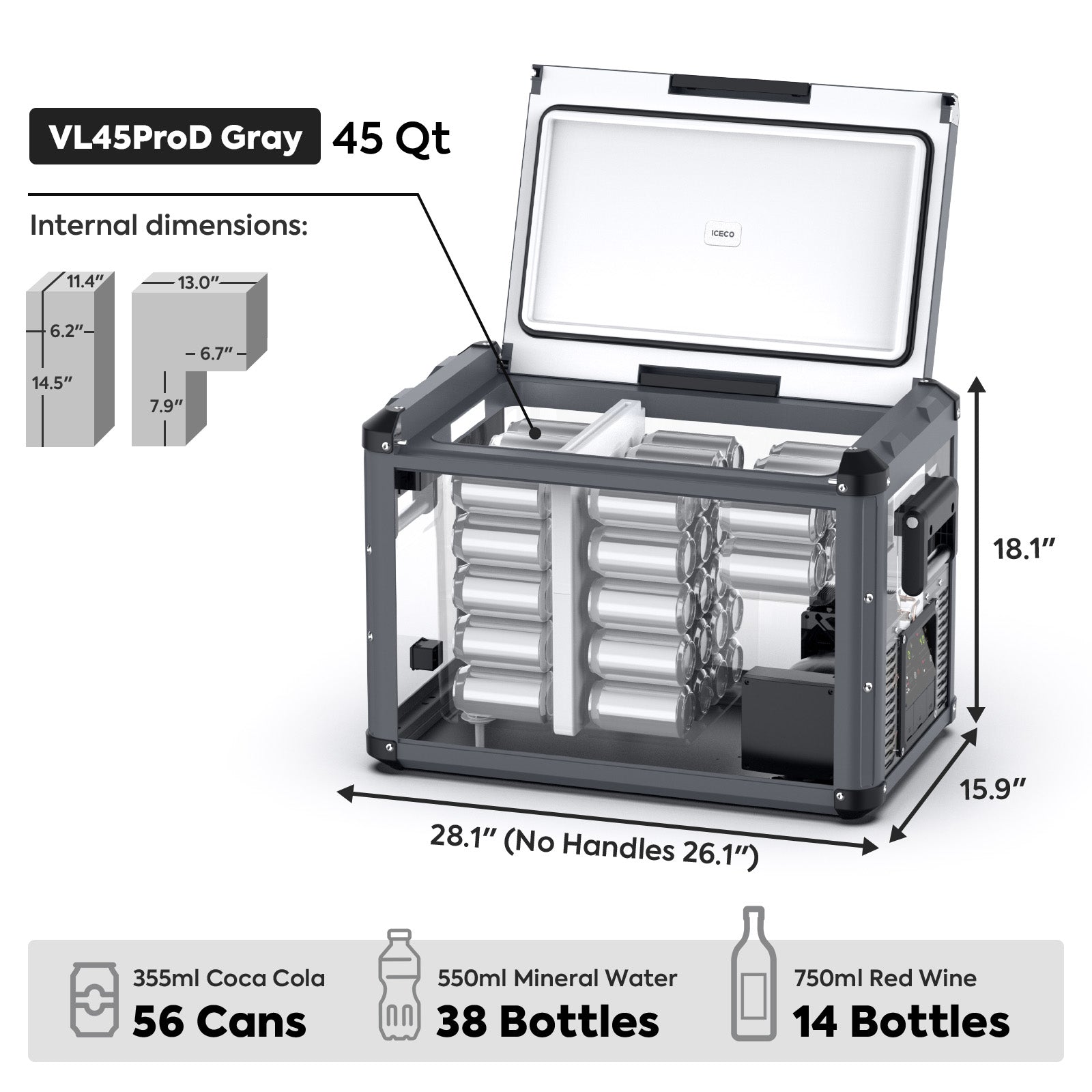Black VL45PROD dual zone Fridge Freezer Iceco with dimensions