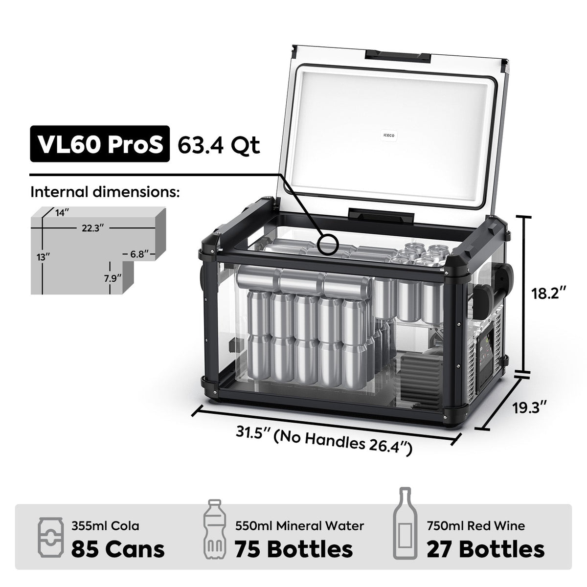 VL60ProS dimensions and capacity graphic showing 63.4 quarts, 85 cans, 75 bottles and 27 wine bottles