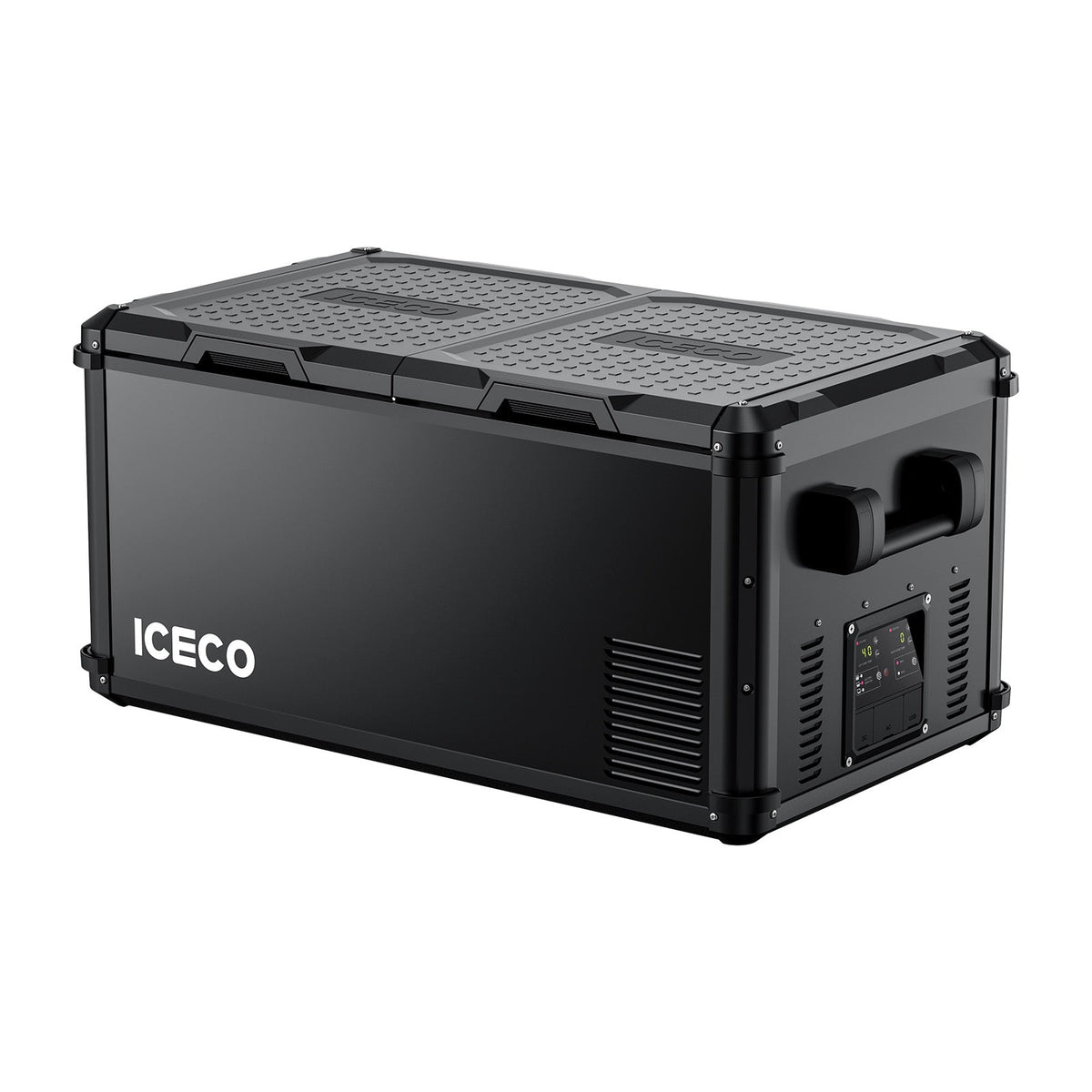 ICECO VL90ProD dual-zone portable freezer in black, front three-quarter view with the lids closed