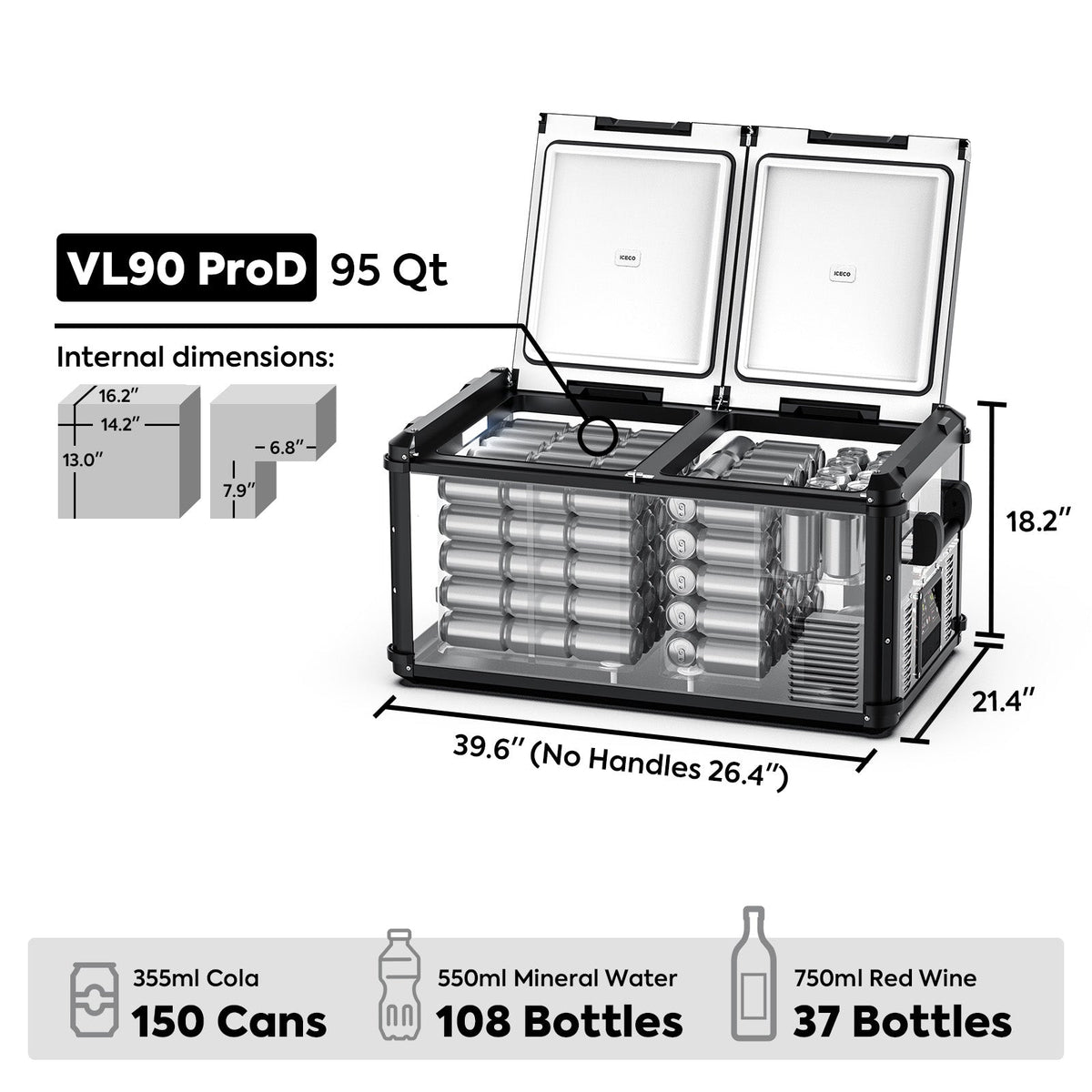 VL90ProD dimensions and capacity graphic showing 95 quarts, 150 cans, 108 bottles and 37 wine bottles